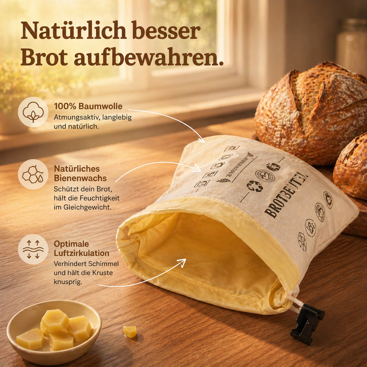 Brotnatur™ Brotbeutel aus 100% Baumwolle und Bienenwachs